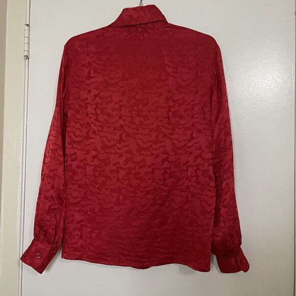 Vintage 1970 Yves Saint Laurent Rive Gauche Red silk button front bow blouse 36 - Picture 7 of 9